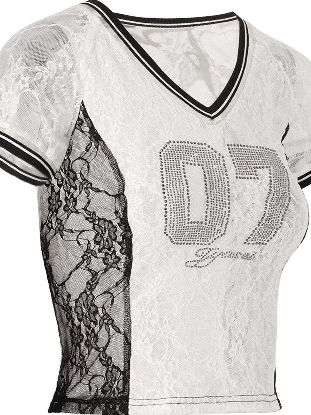 JYOSEI Black White Lace Splice Rhinestone Sheer V-neck Women&