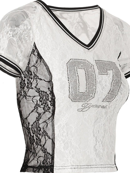 JYOSEI Black White Lace Splice Rhinestone Sheer V-neck Women&