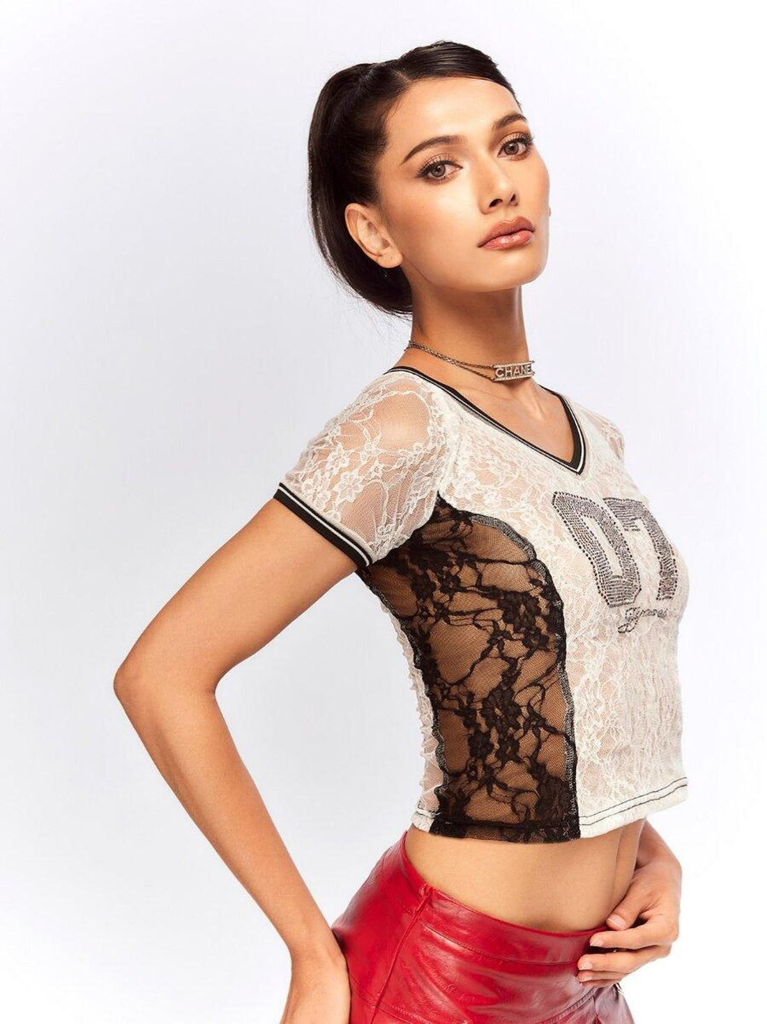 JYOSEI Black White Lace Splice Rhinestone Sheer V-neck Women&