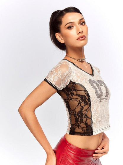 JYOSEI Black White Lace Splice Rhinestone Sheer V-neck Women&