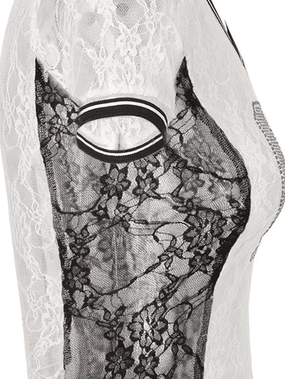 JYOSEI Black White Lace Splice Rhinestone Sheer V-neck Women&