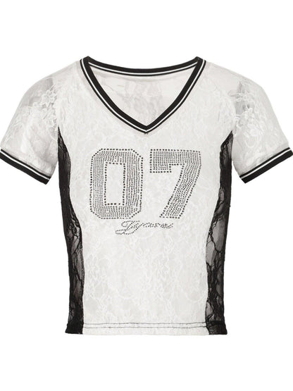 JYOSEI Black White Lace Splice Rhinestone Sheer V-neck Women&