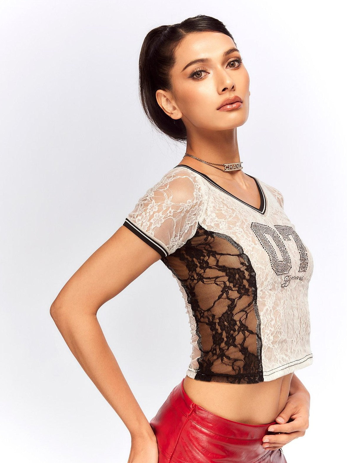 JYOSEI Black White Lace Splice Rhinestone Sheer V-neck Women&