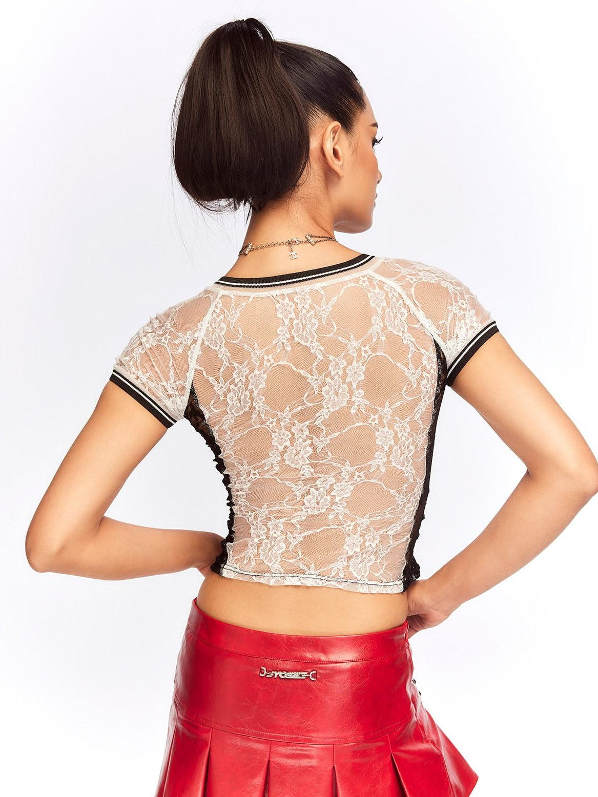 JYOSEI Black White Lace Splice Rhinestone Sheer V-neck Women&