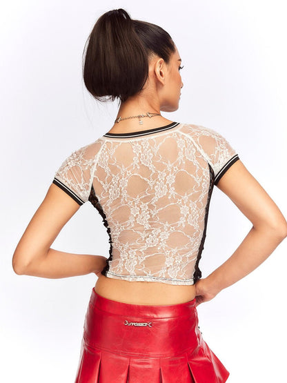 JYOSEI Black White Lace Splice Rhinestone Sheer V-neck Women&