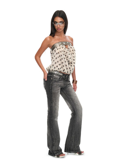 JYOSEI Black White Spliced Polka Dot Double Layer Cutout Back Women&