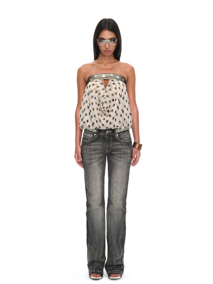 JYOSEI Black White Spliced Polka Dot Double Layer Cutout Back Women&