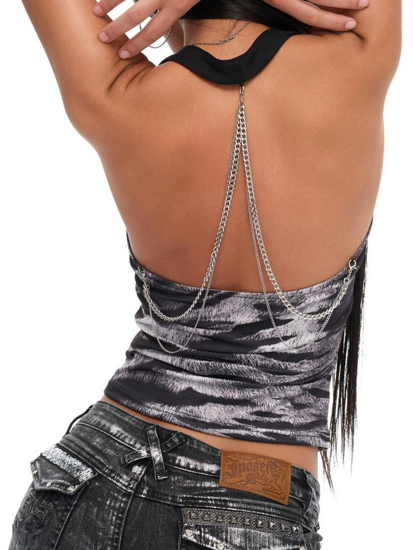 JYOSEI Black White Tiger Print Chain Halter Ruched Open Back Women&