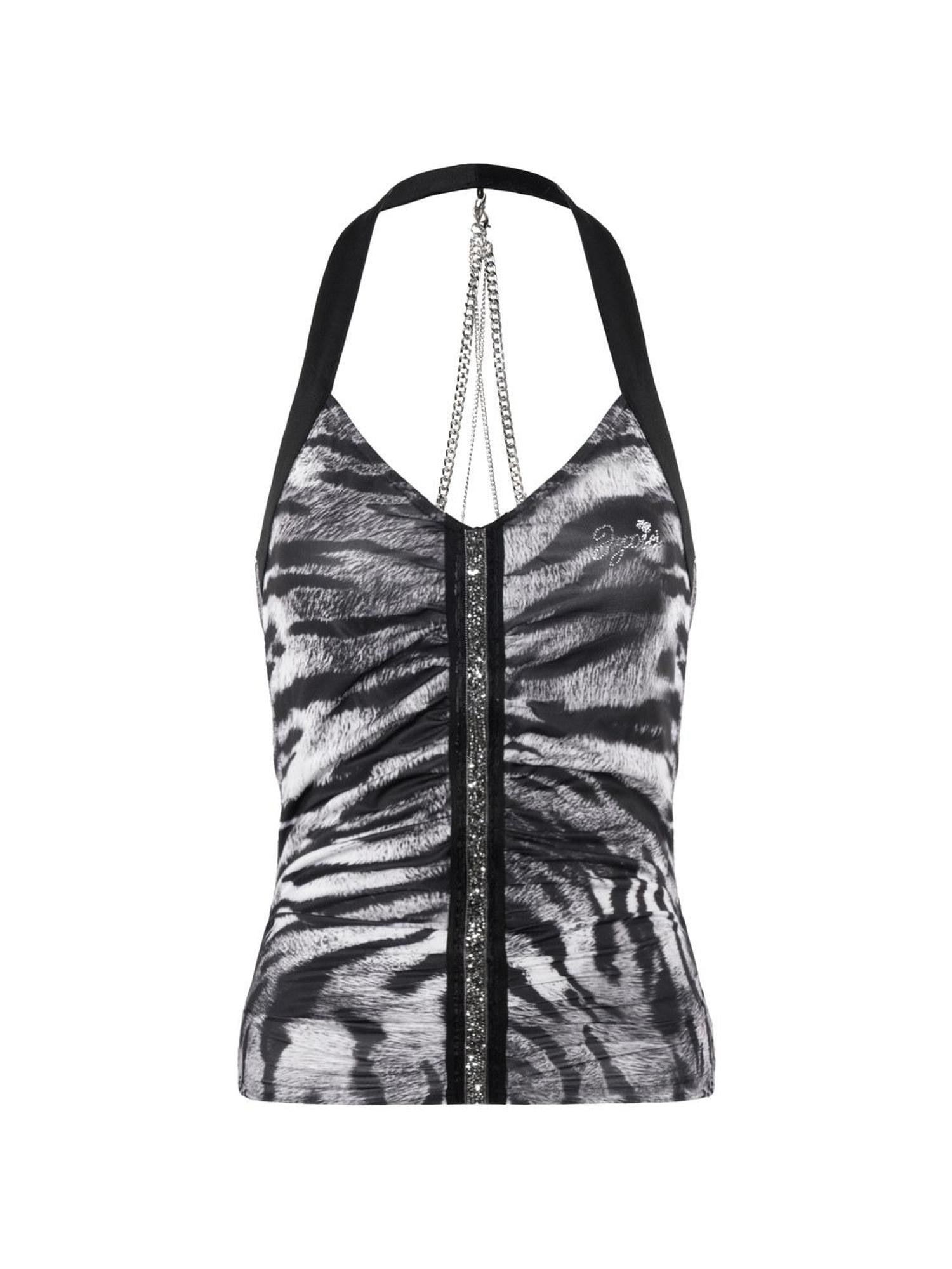 JYOSEI Black White Tiger Print Chain Halter Ruched Open Back Women&