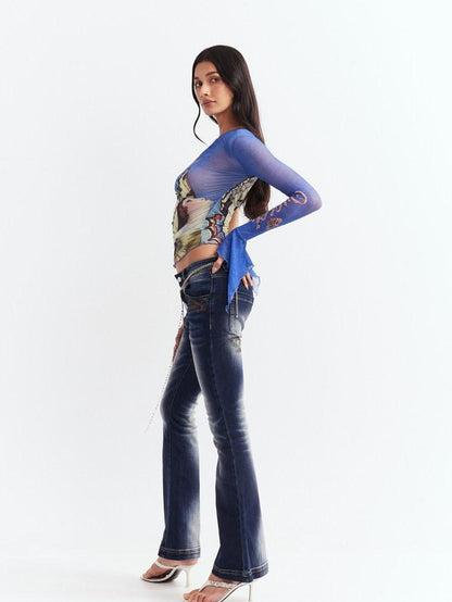 JYOSEI Blue Asymmetrical Mesh Slanted Neck Bell Sleeve Women&