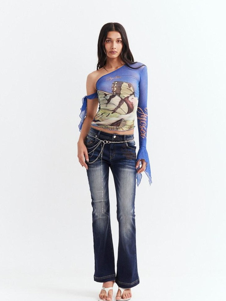 JYOSEI Blue Asymmetrical Mesh Slanted Neck Bell Sleeve Women&