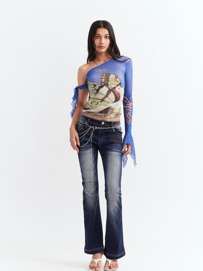 JYOSEI Blue Asymmetrical Mesh Slanted Neck Bell Sleeve Women&