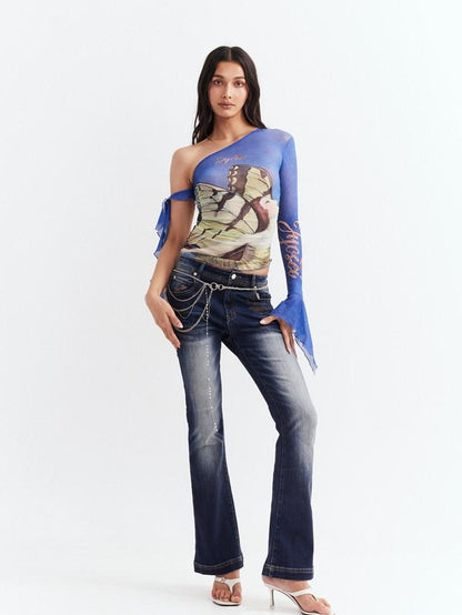 JYOSEI Blue Asymmetrical Mesh Slanted Neck Bell Sleeve Women&
