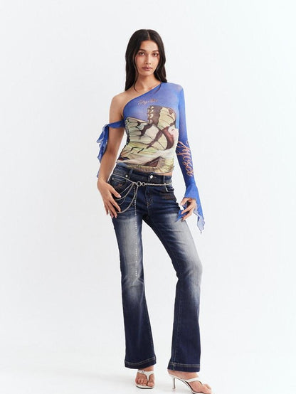 JYOSEI Blue Asymmetrical Mesh Slanted Neck Bell Sleeve Women&