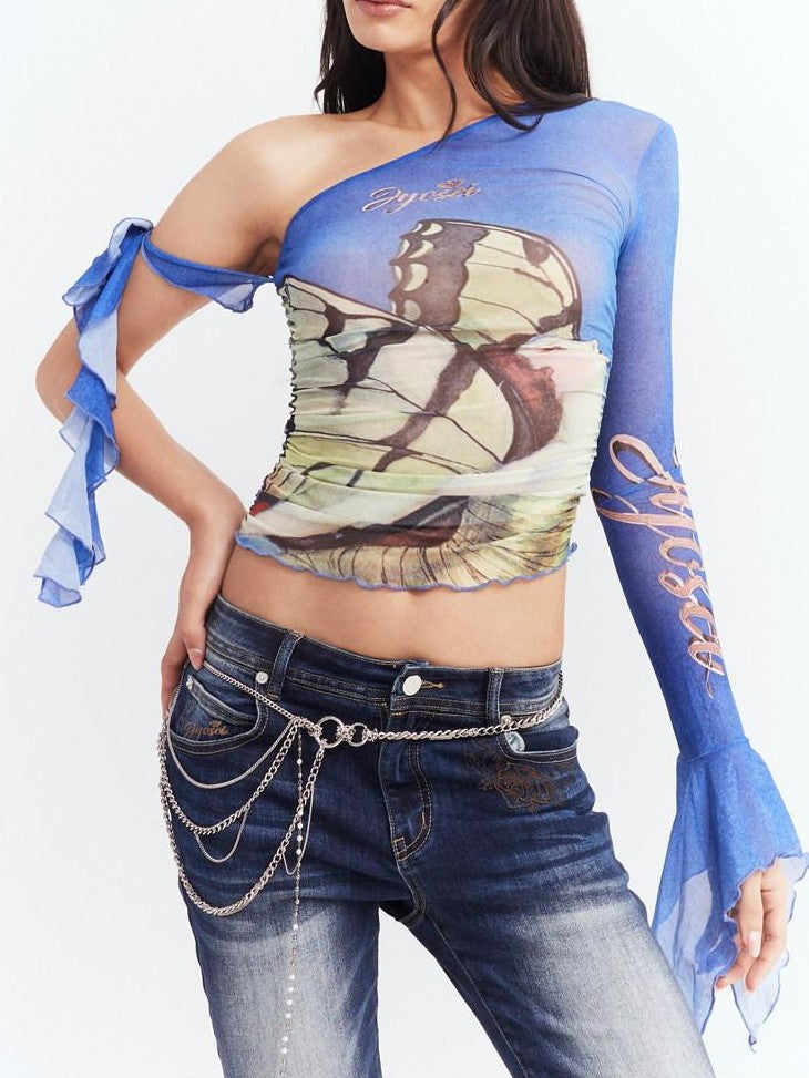 JYOSEI Blue Asymmetrical Mesh Slanted Neck Bell Sleeve Women&