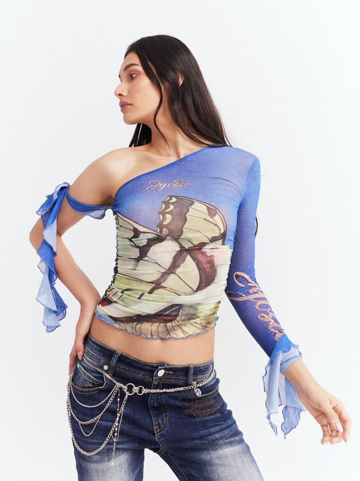 JYOSEI Blue Asymmetrical Mesh Slanted Neck Bell Sleeve Women&