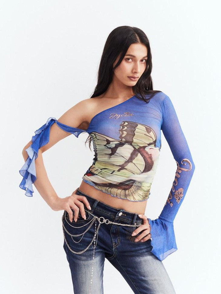 JYOSEI Blue Asymmetrical Mesh Slanted Neck Bell Sleeve Women&