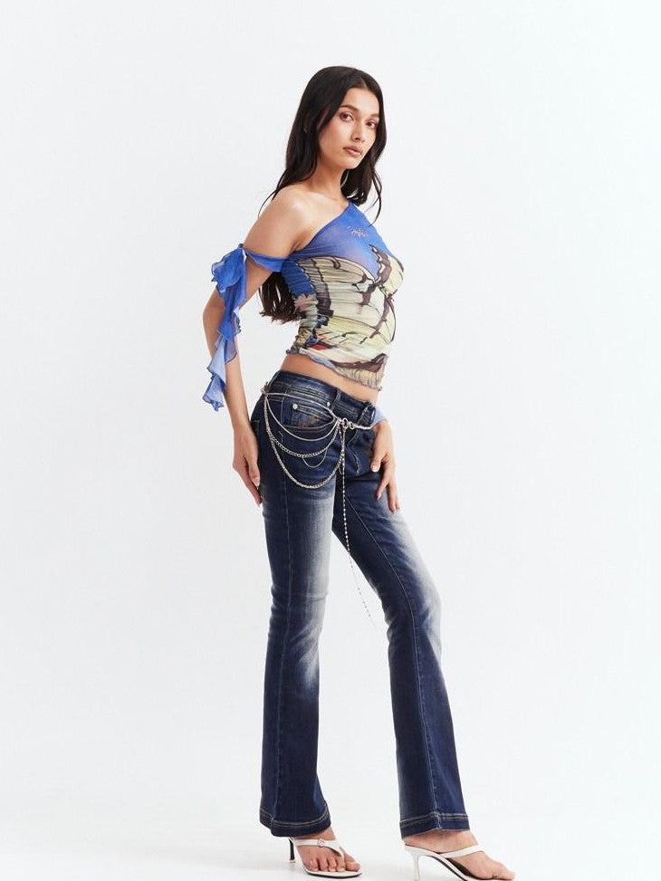 JYOSEI Blue Asymmetrical Mesh Slanted Neck Bell Sleeve Women&