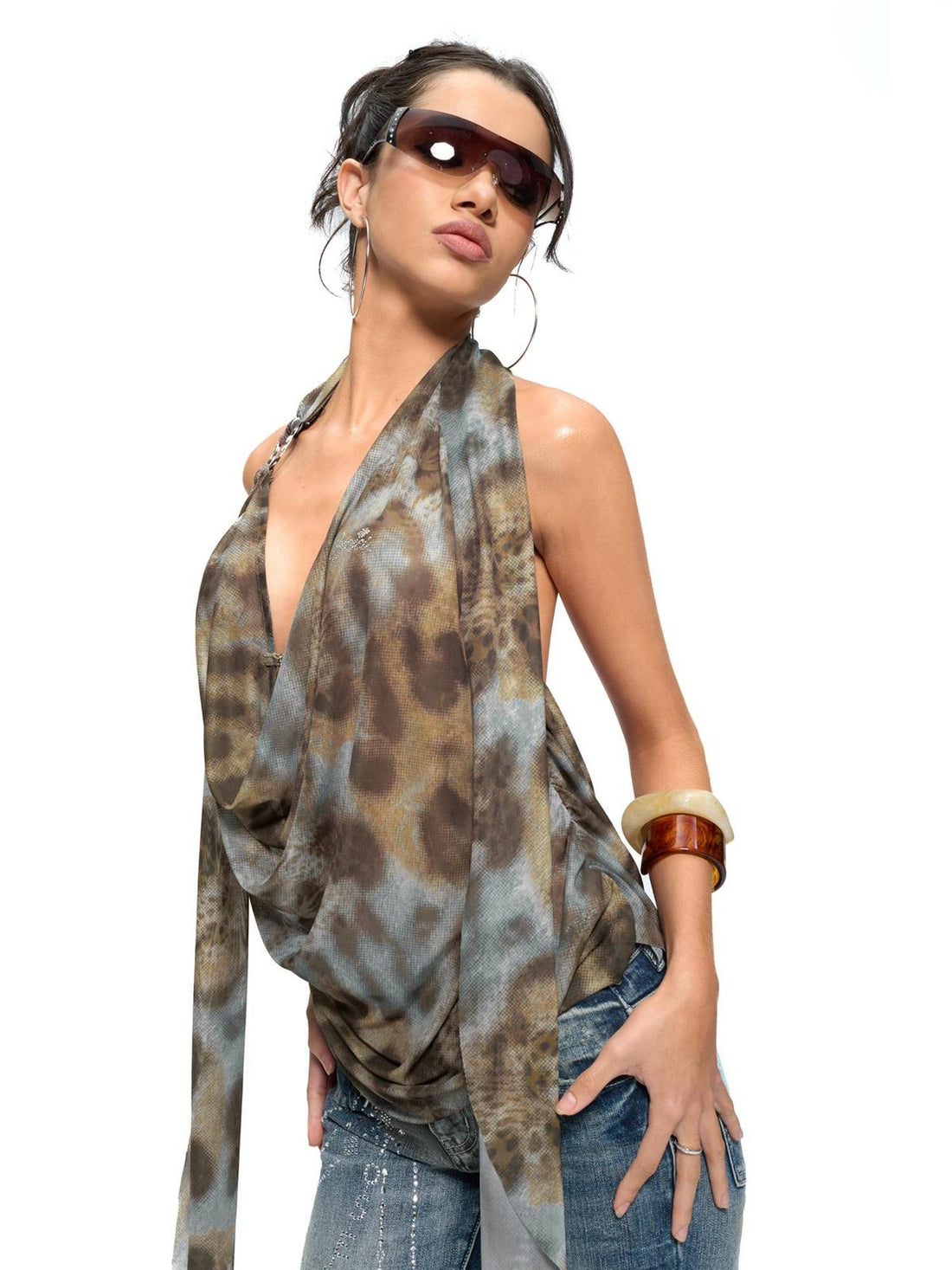 JYOSEI Blue Brown Leopard Print Draped Neckline Low Back Loose Tank Top