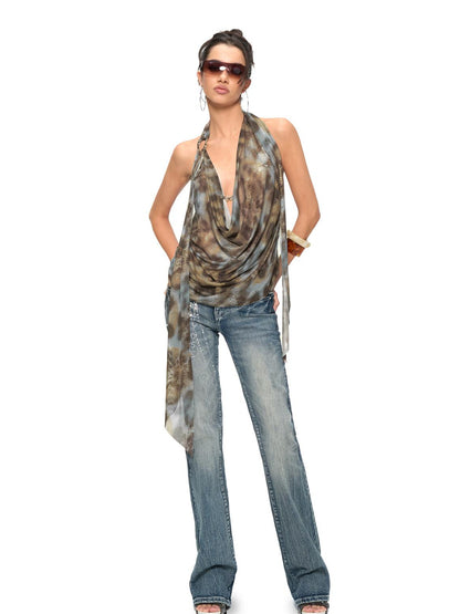 JYOSEI Blue Brown Leopard Print Draped Neckline Low Back Loose Tank Top