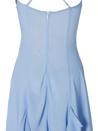 JYOSEI Blue Chiffon Print Cowl Neck Backless Ruffle Women&