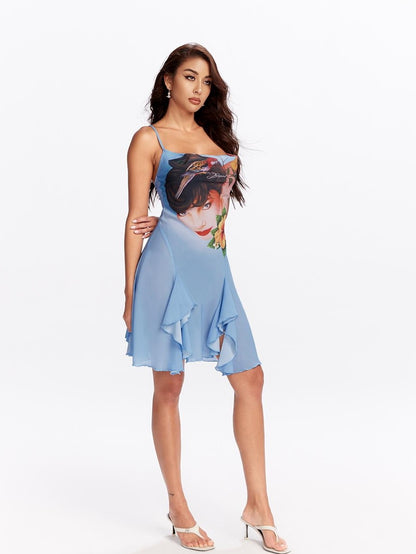 JYOSEI Blue Chiffon Print Cowl Neck Backless Ruffle Women&