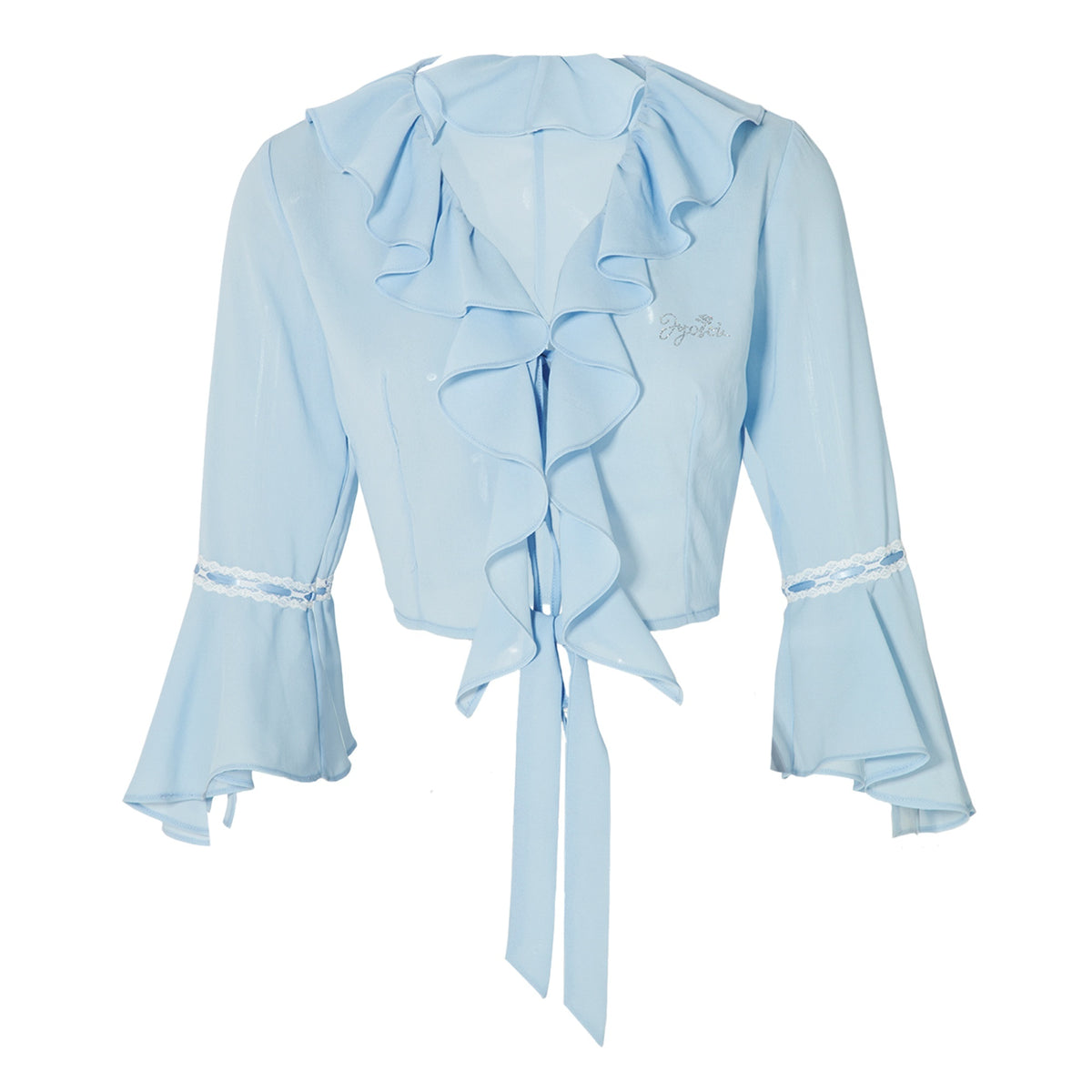 JYOSEI_Blue_Chiffon_Ruffle_Lace_Panel_V-neck_Women&