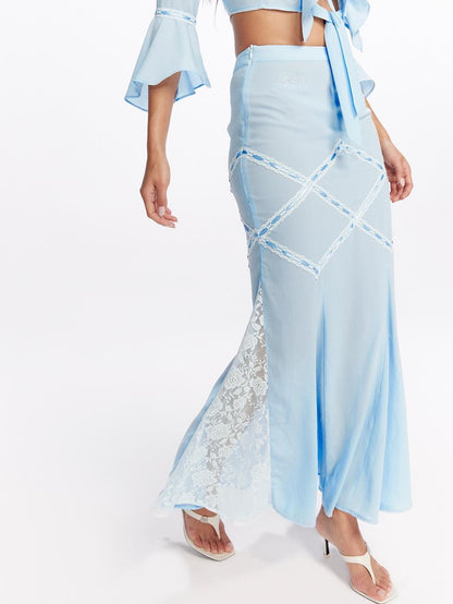 JYOSEI Blue Chiffon Ruffle Lace Panel V-neck Women&