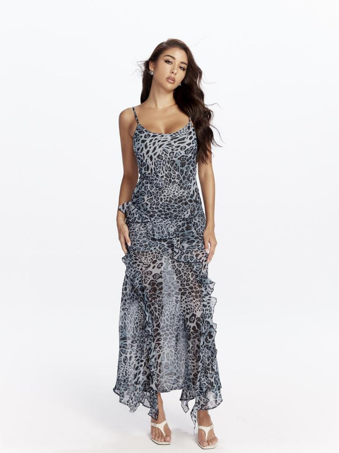 JYOSEI Blue Leopard Print Chiffon Maxi Dress with Flounce Hem