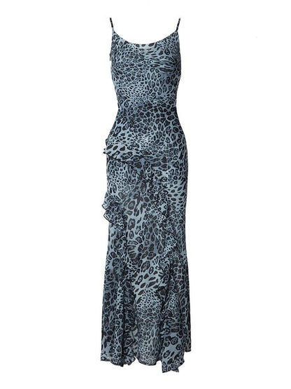 JYOSEI Blue Leopard Print Chiffon Maxi Dress with Flounce Hem