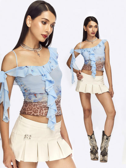 JYOSEI Blue Leopard Print Ruffle Lace Up Mesh Women&