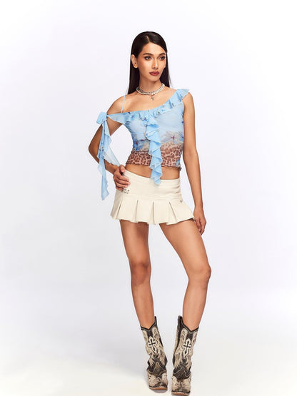 JYOSEI Blue Leopard Print Ruffle Lace Up Mesh Women&