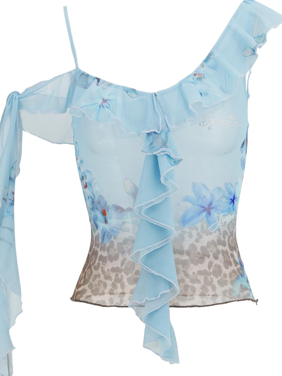 JYOSEI Blue Leopard Print Ruffle Lace Up Mesh Women&