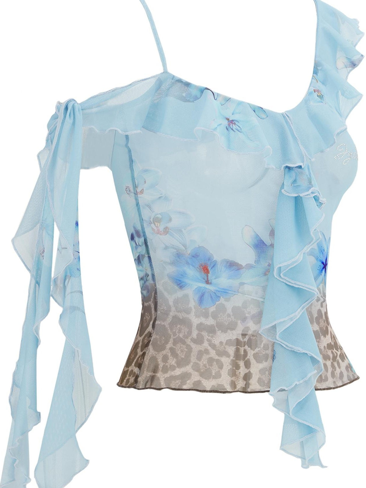 JYOSEI Blue Leopard Print Ruffle Lace Up Mesh Women&