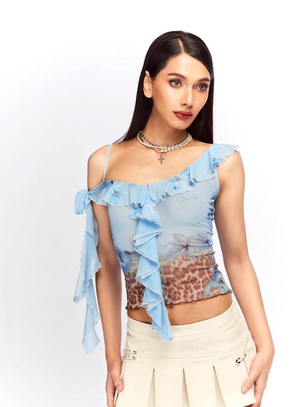 JYOSEI Blue Leopard Print Ruffle Lace Up Mesh Women&