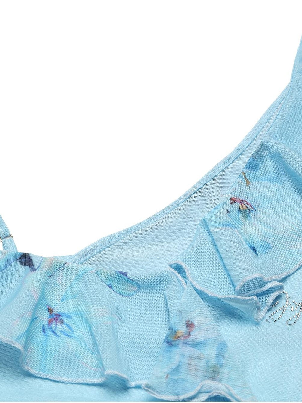 JYOSEI Blue Leopard Print Ruffle Lace Up Mesh Women&