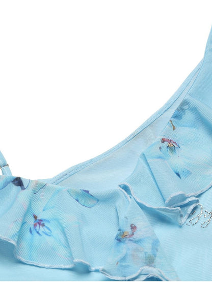 JYOSEI Blue Leopard Print Ruffle Lace Up Mesh Women&