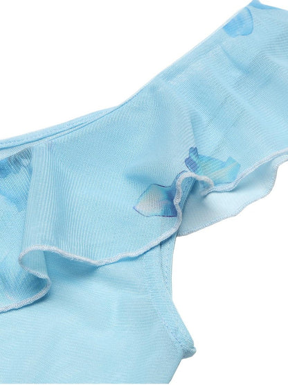 JYOSEI Blue Leopard Print Ruffle Lace Up Mesh Women&