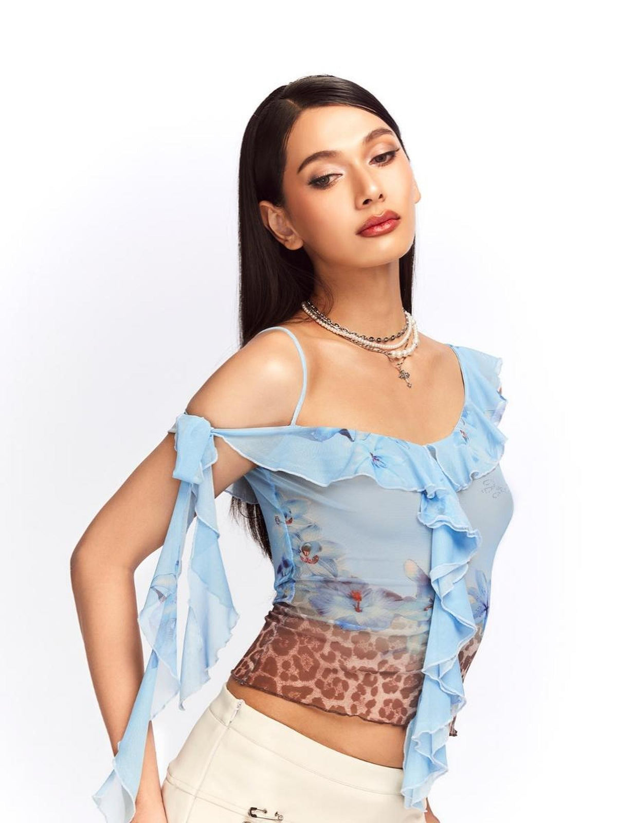 JYOSEI Blue Leopard Print Ruffle Lace Up Mesh Women&