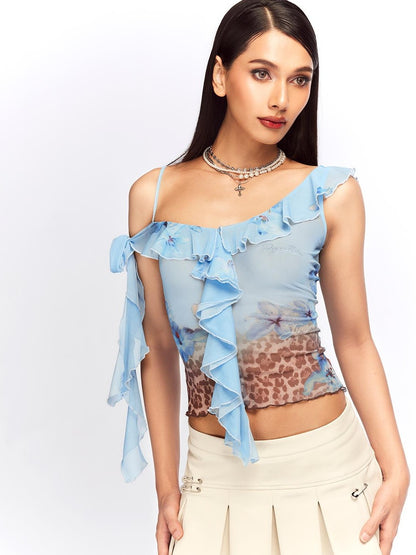 JYOSEI Blue Leopard Print Ruffle Lace Up Mesh Women&
