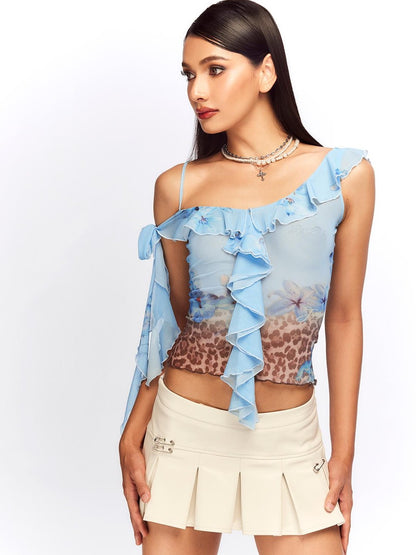 JYOSEI Blue Leopard Print Ruffle Lace Up Mesh Women&