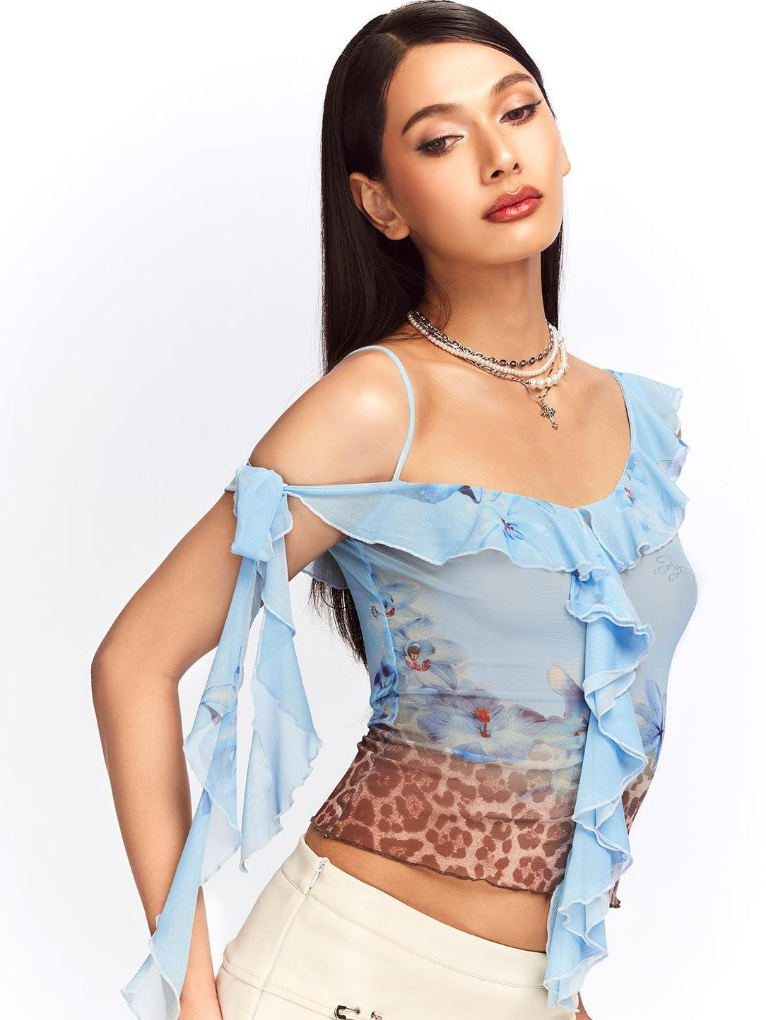JYOSEI Blue Leopard Print Ruffle Lace Up Mesh Women&