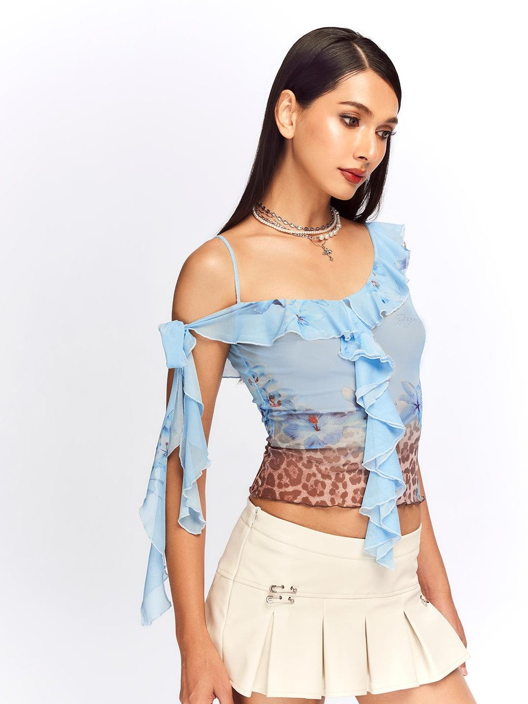 JYOSEI Blue Leopard Print Ruffle Lace Up Mesh Women&