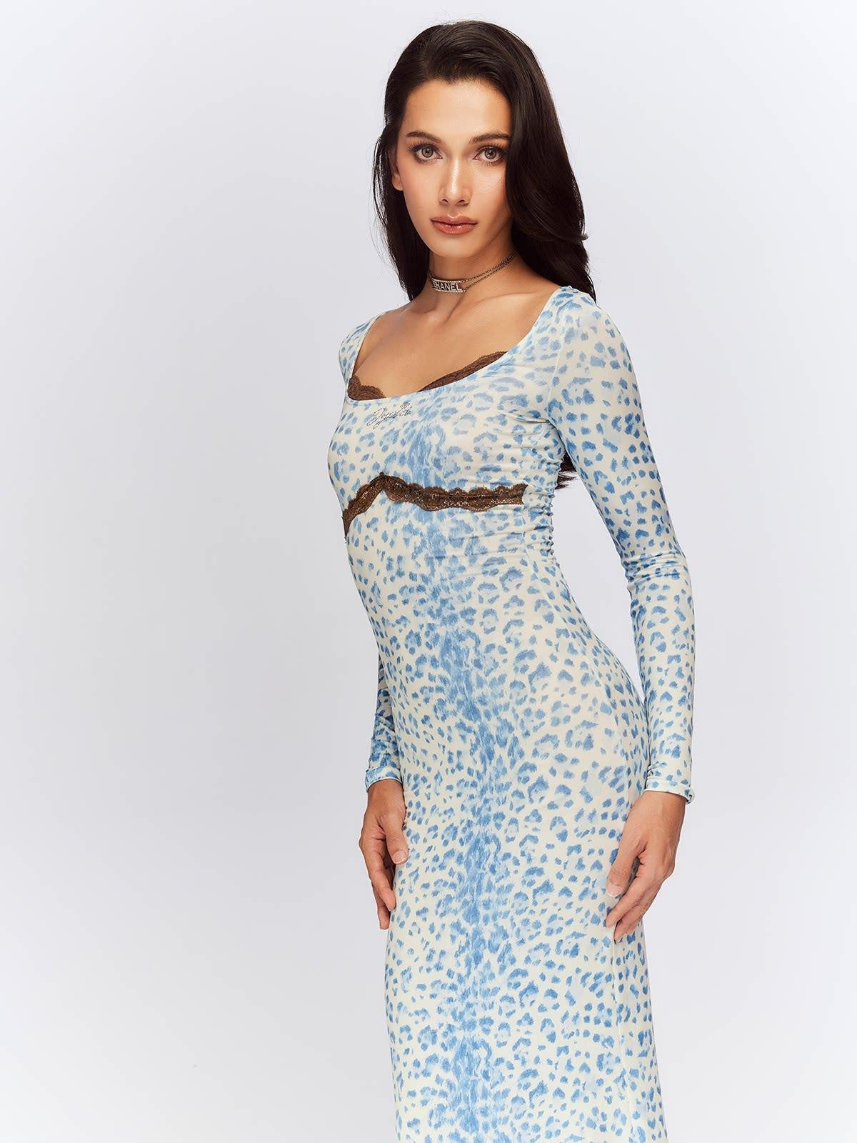 JYOSEI Blue Leopard Square Neck Long Sleeve Cinched Waist Bodycon Maxi Dresses
