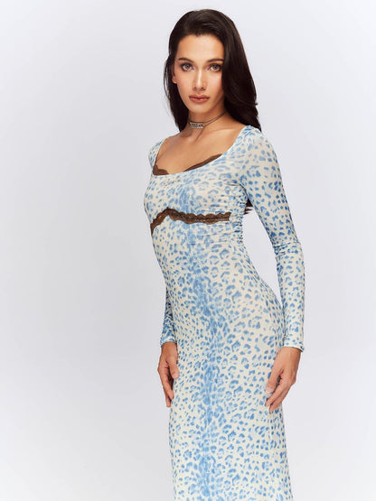 JYOSEI Blue Leopard Square Neck Long Sleeve Cinched Waist Bodycon Maxi Dresses