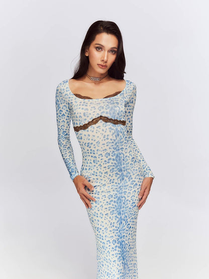 JYOSEI Blue Leopard Square Neck Long Sleeve Cinched Waist Bodycon Maxi Dresses