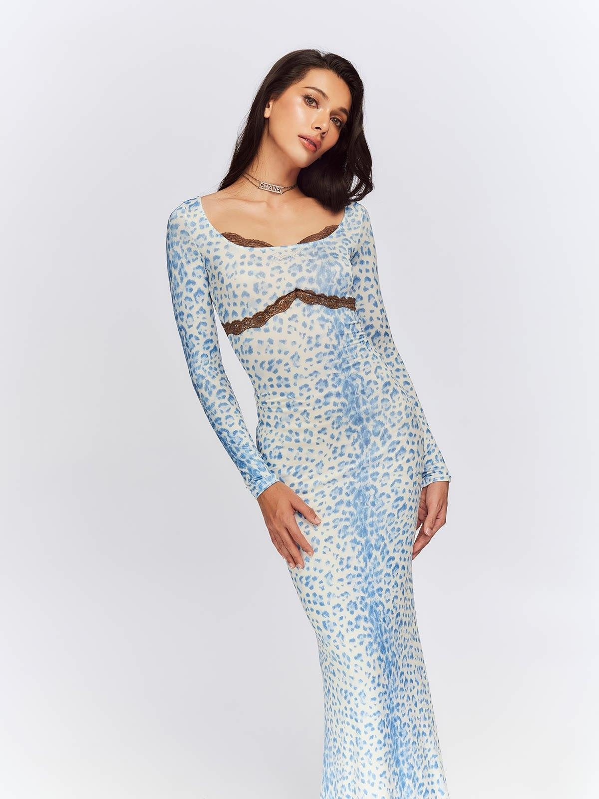 JYOSEI Blue Leopard Square Neck Long Sleeve Cinched Waist Bodycon Maxi Dresses