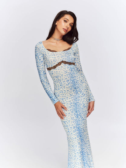 JYOSEI Blue Leopard Square Neck Long Sleeve Cinched Waist Bodycon Maxi Dresses