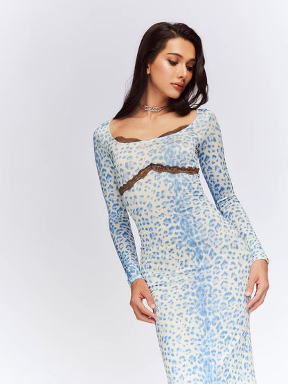 JYOSEI Blue Leopard Square Neck Long Sleeve Cinched Waist Bodycon Maxi Dresses