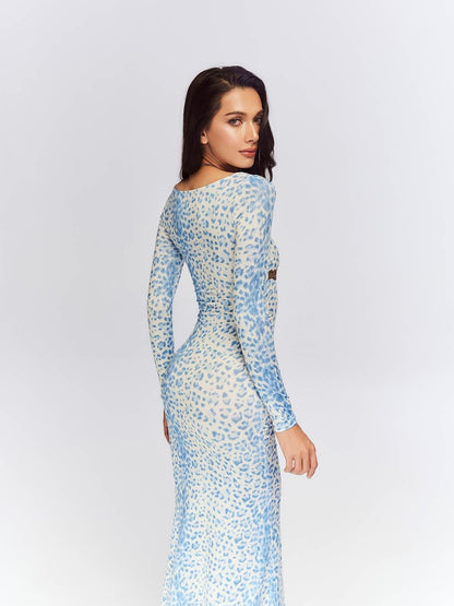 JYOSEI Blue Leopard Square Neck Long Sleeve Cinched Waist Bodycon Maxi Dresses